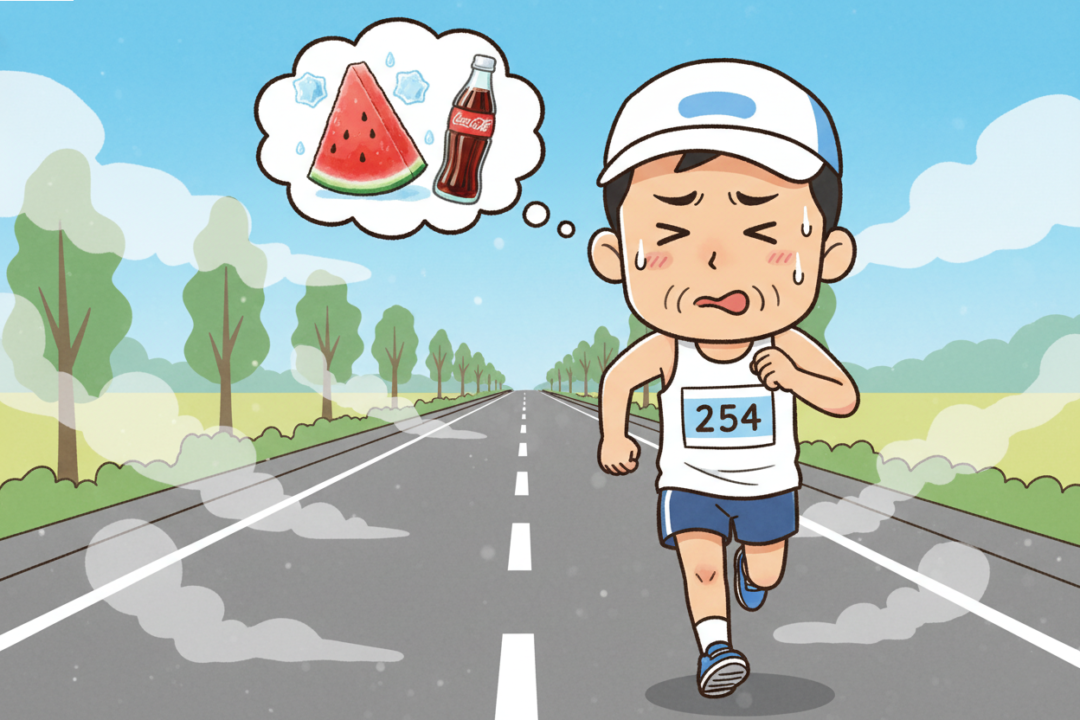 新川通でスイカのエイドを目指して走るランナーのコミカルなイラスト