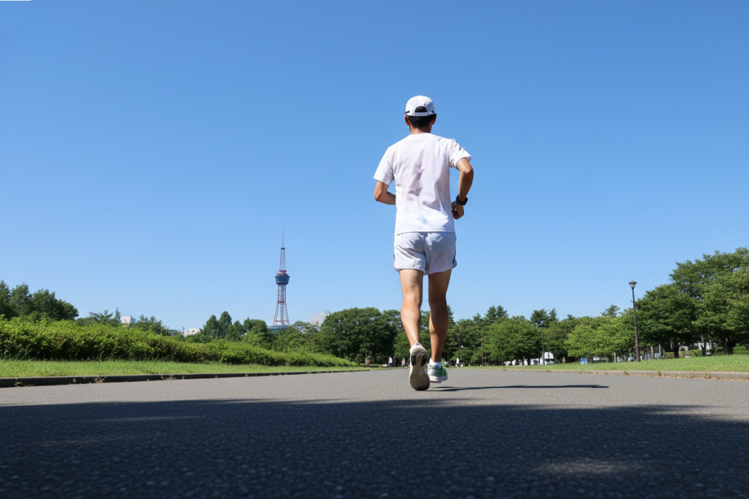夏の青空の下、白いウェアとキャップで北海道・大通公園を走るランナーの背中