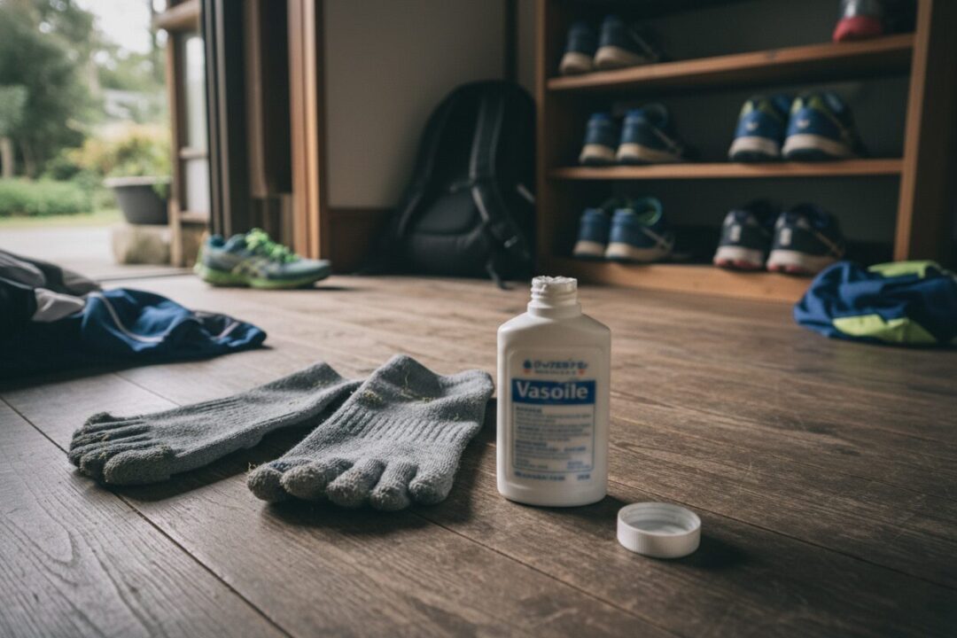 実際に使い込まれたランニング用5本指ソックスと、指の間に塗るワセリン