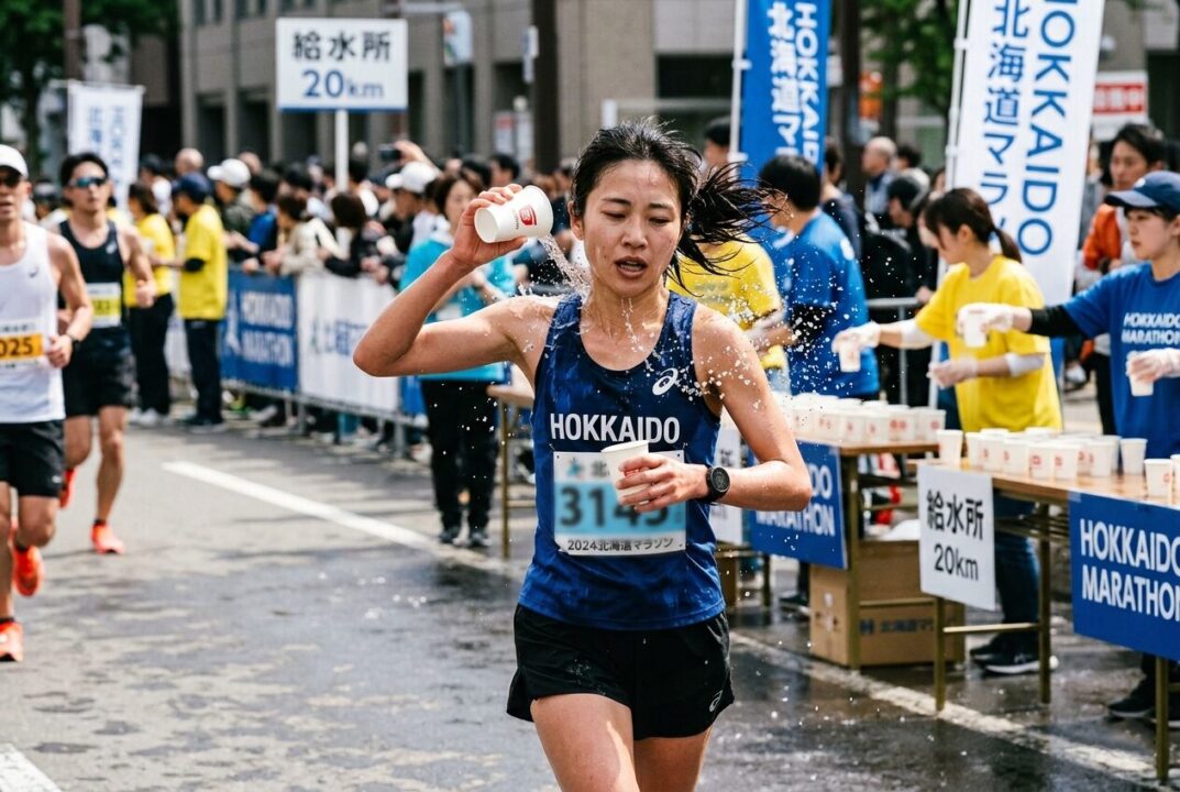 給水所で水コップを2つ持ち、1つを首筋にかけて身体を冷やすランナー