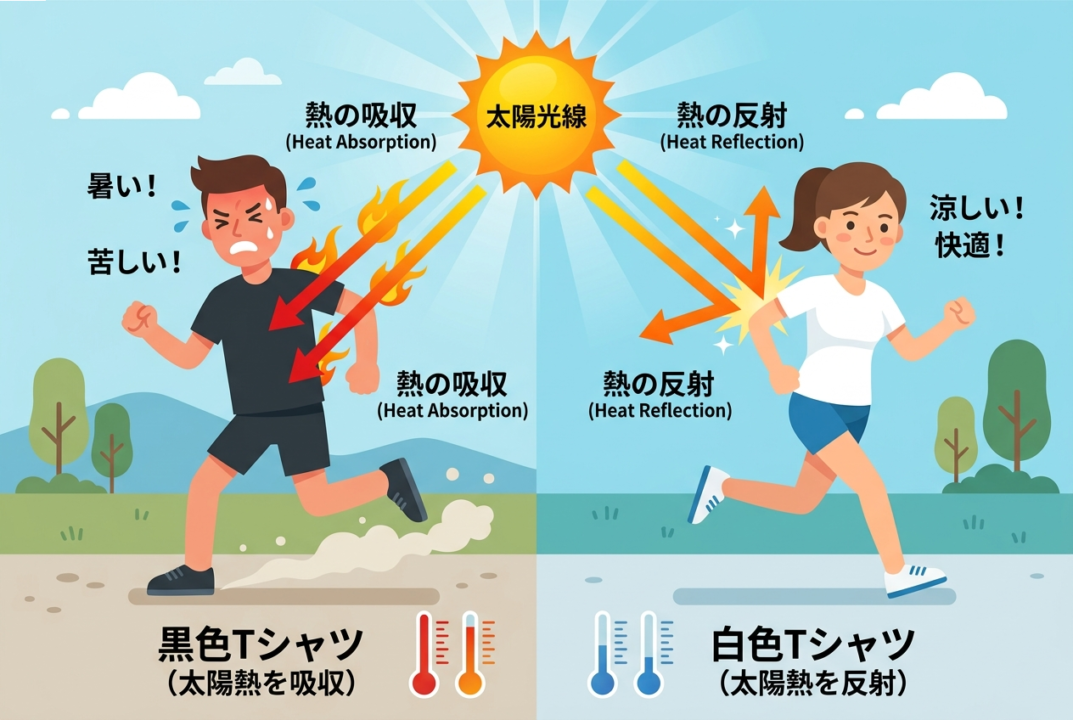 直射日光を浴びる黒いウェアと白いウェアのランナーの体感温度差の比較イラスト