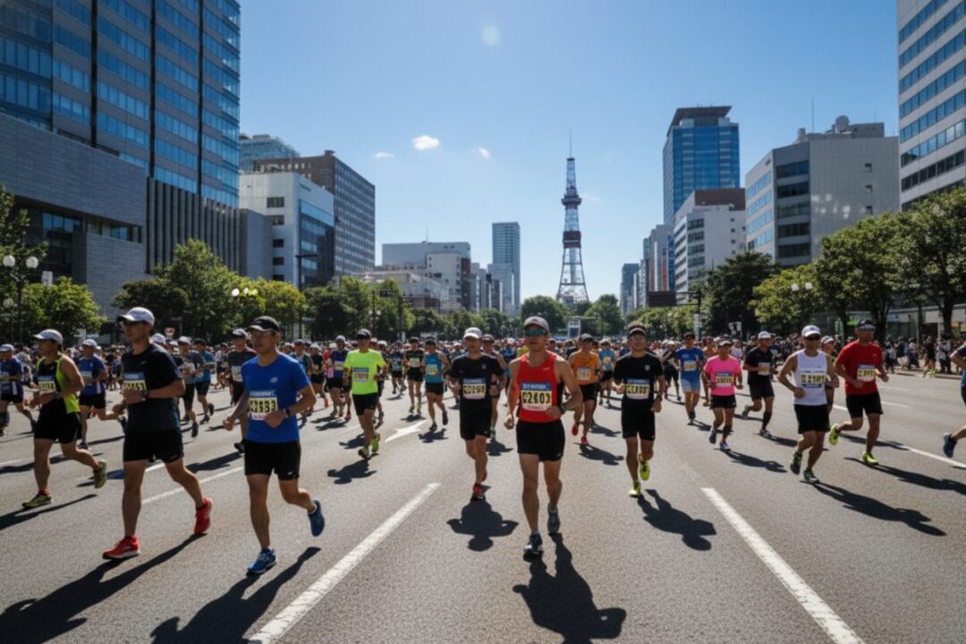 テレビ塔を背に、夏の強い日差しの中を走るランナーの背中