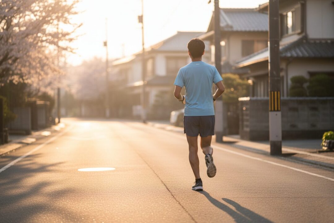 朝日を浴びながら静かな住宅街の道を走るランナーの背中