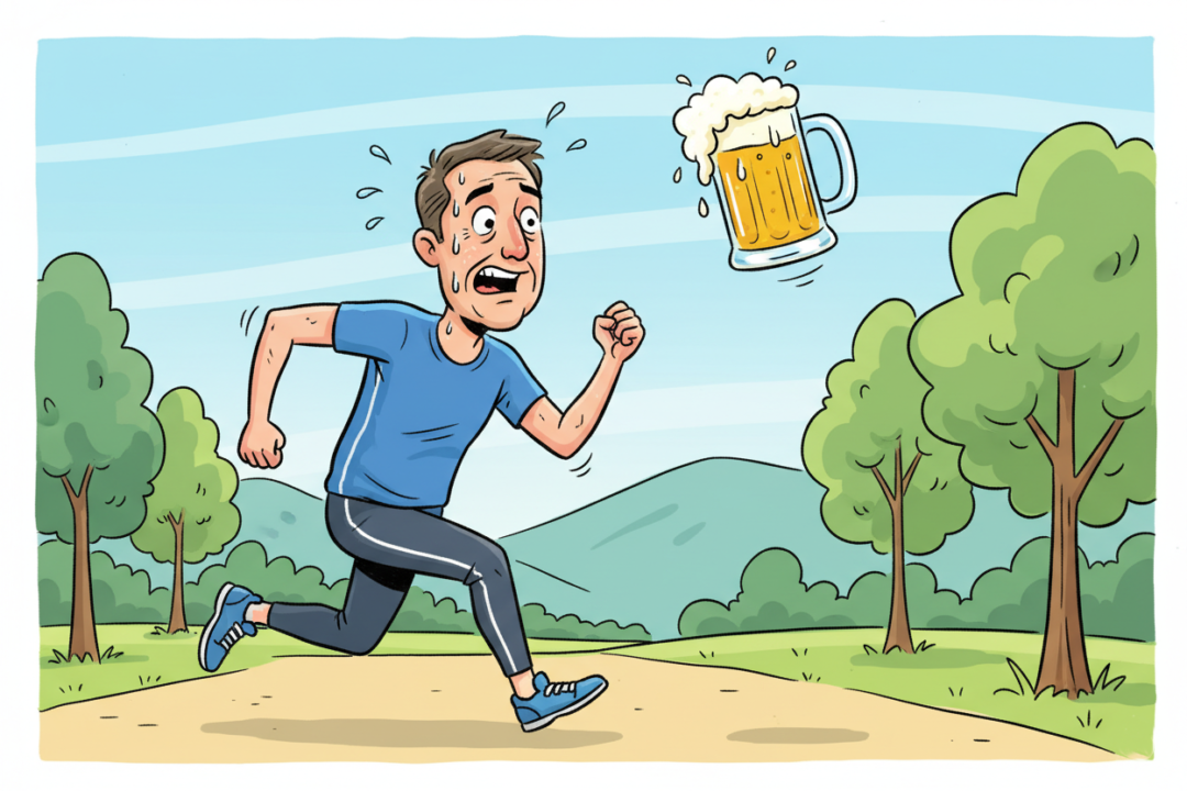 ビールを目標に、ヨレヨレになりながらも笑顔で走る初心者のイラスト
