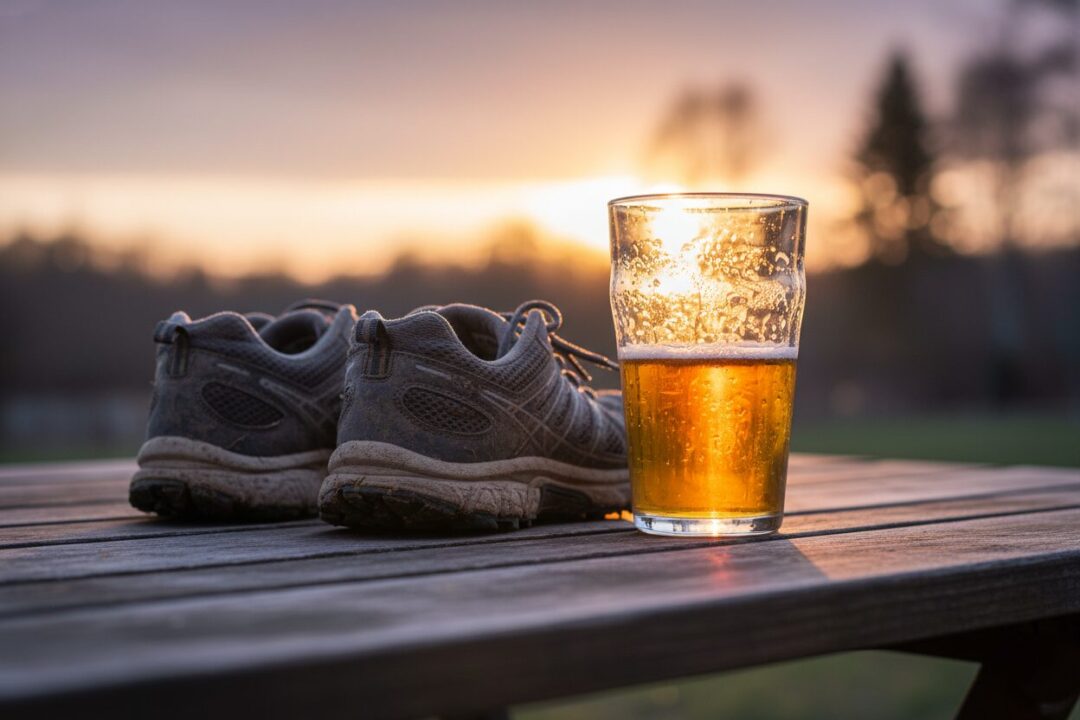夕暮れ時のテーブルに置かれた、使い込まれたランニングシューズと結露したビールグラス