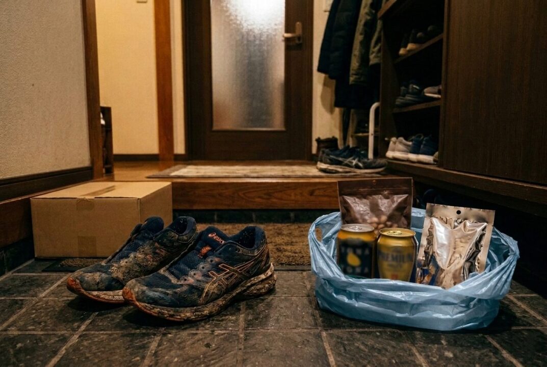 玄関に置かれたランニングシューズと、コンビニの袋に入ったちょっと良いビール