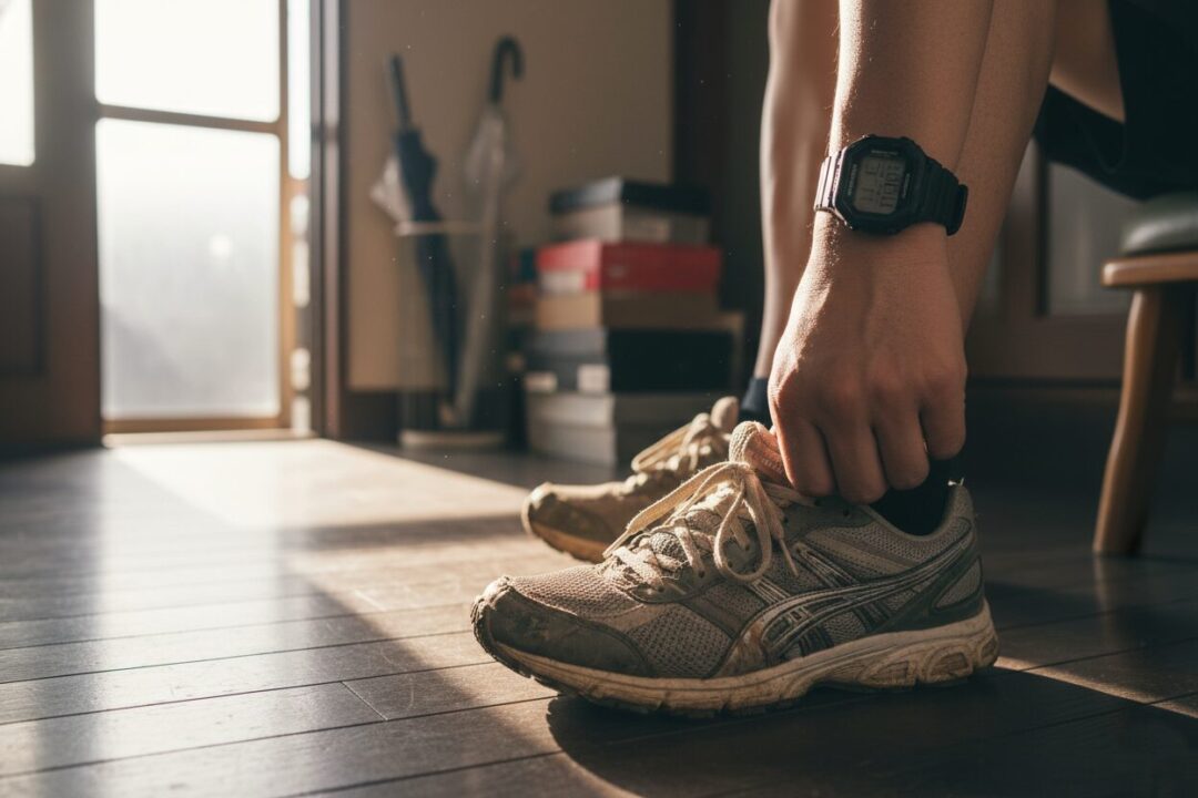 玄関でスポーツウォッチを確認し、今まさに走り出そうとするランナーの足元のアップ。