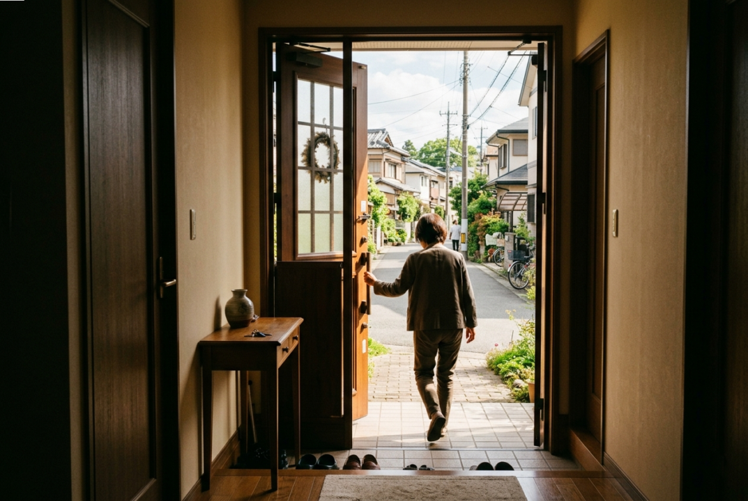 室内から見た、半分開いた玄関のドアと外の世界。