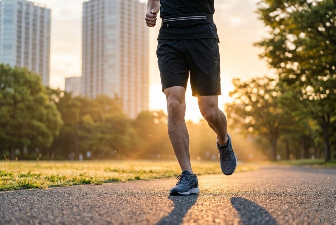 100均とユニクロで揃えたランニング装備で公園を走る様子