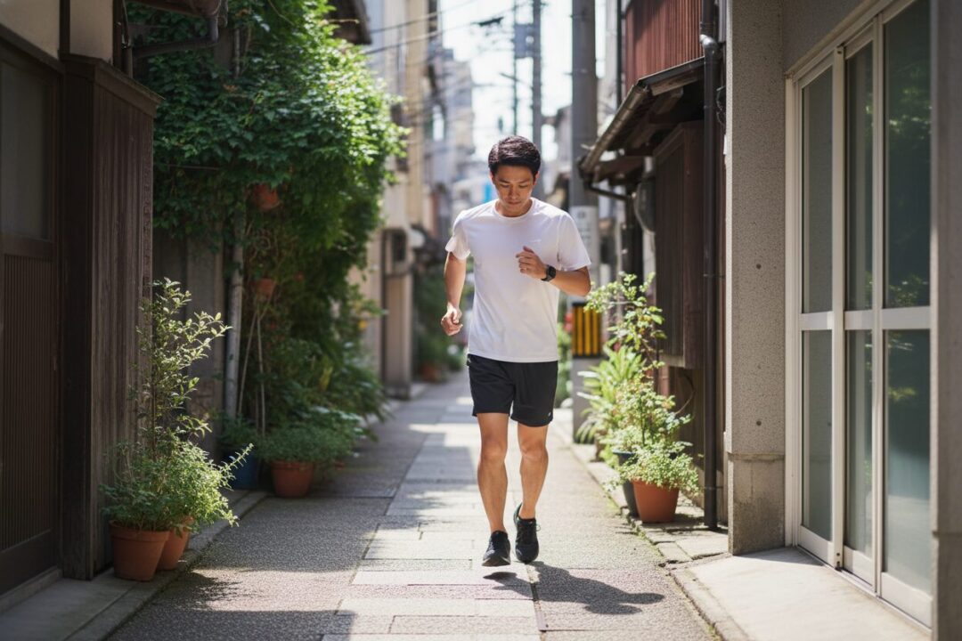 道路の段差に注意しながら安全に配慮して走る笑顔のランナー