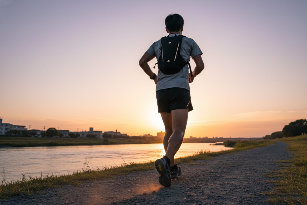 夕暮れ時、防災リュックを背負って川沿いの道を一歩ずつ踏み締めて走る40代男性ランナーの後ろ姿。
