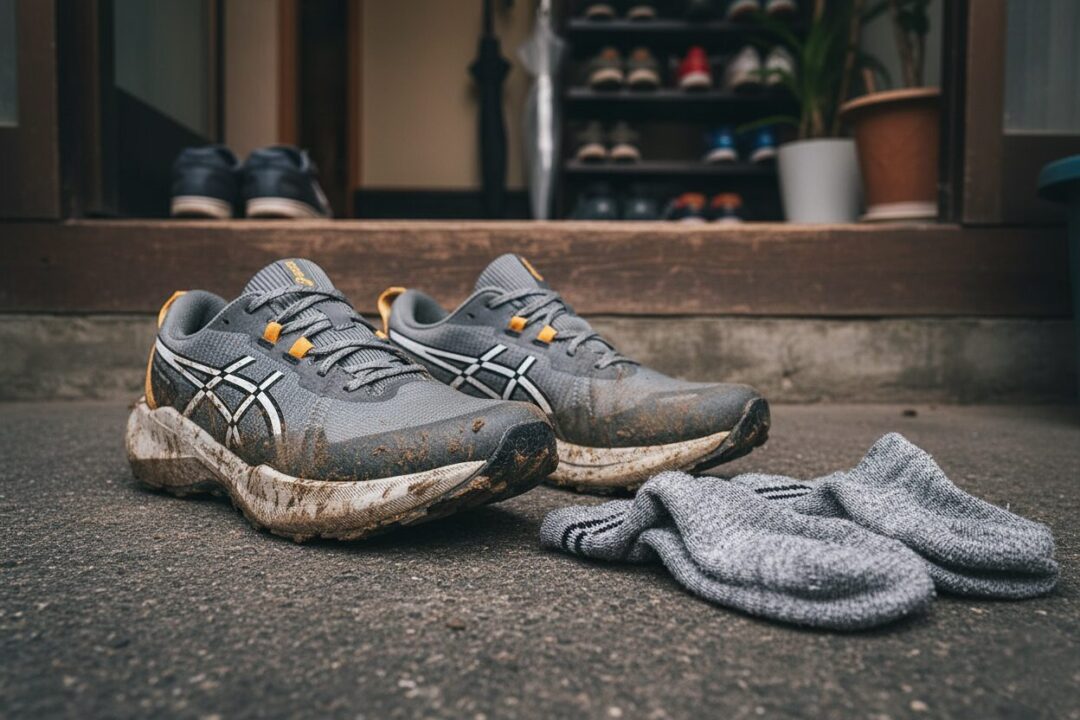 使い込まれて少し土が跳ねた跡があるトレイルランニングシューズと、厚手のスポーツソックスが玄関に置かれている様子。