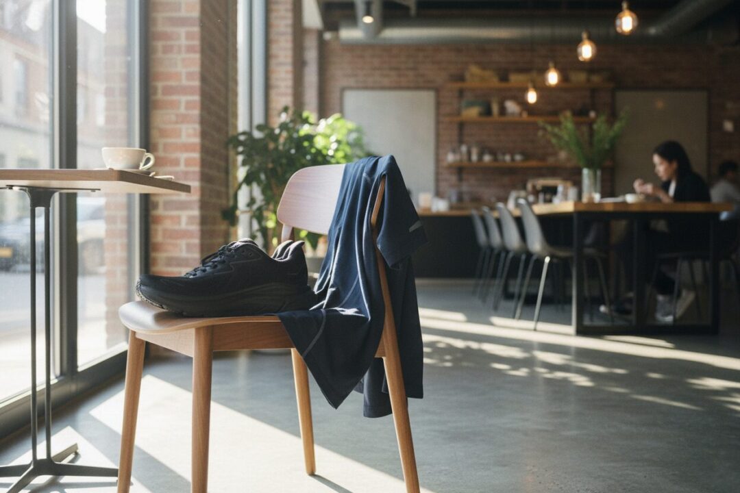 カフェの椅子に置かれた黒のランニングシューズとシンプルなTシャツ