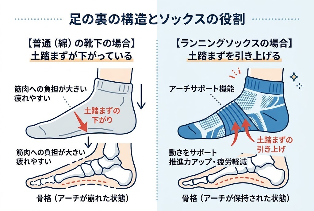一般的な靴下とランニングソックスの足裏サポートの比較図