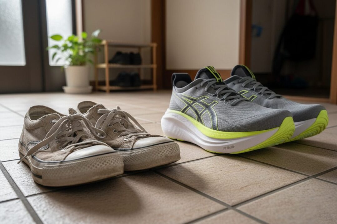 使い込まれた古い靴と、新しく購入した高性能なランニングシューズの比較