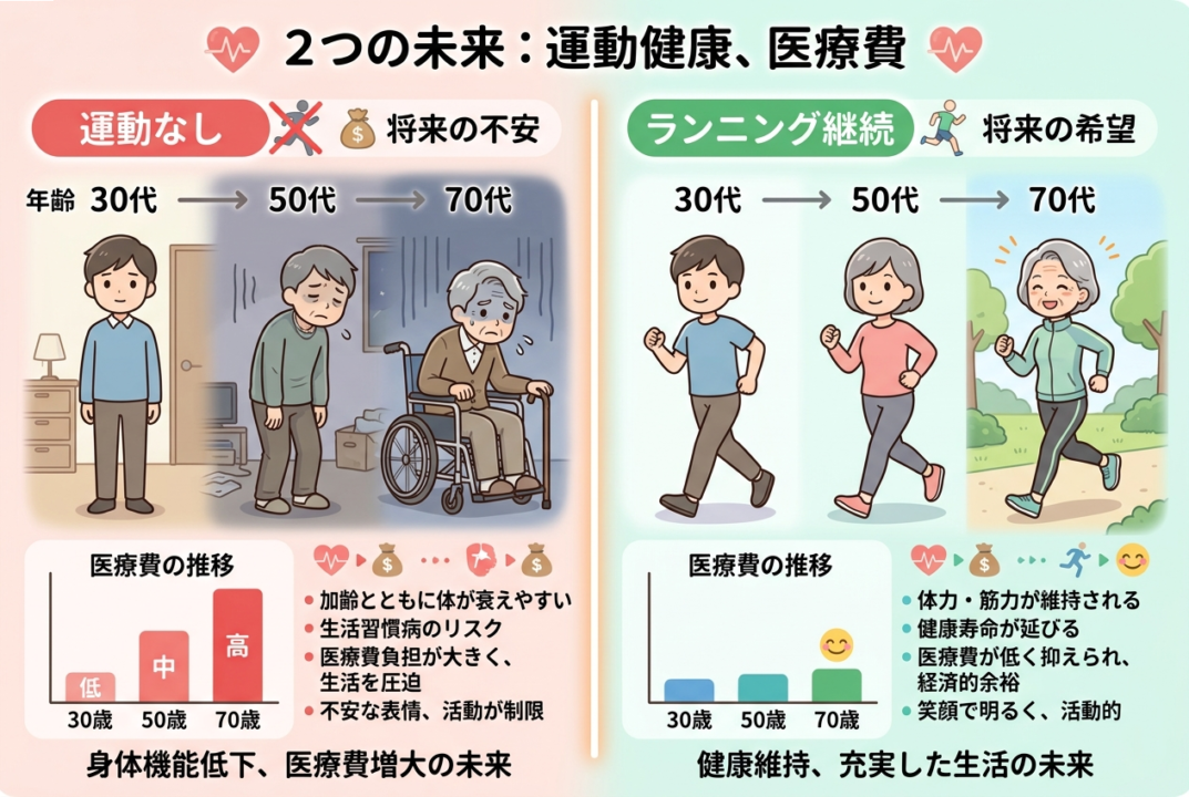 運動不足による将来の医療費支出とランニング継続による健康維持の比較グラフ