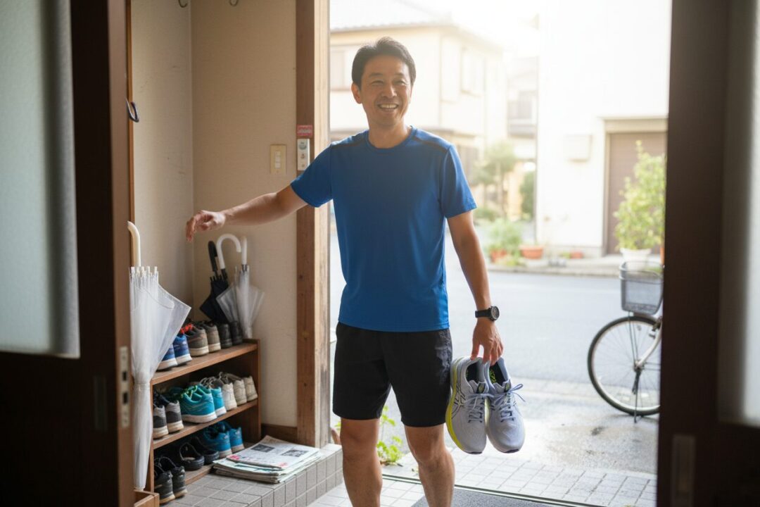 管理人あさひが5,000円セットを着て玄関に立つ写真