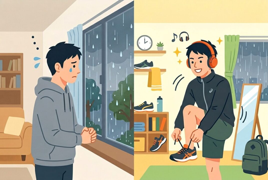 窓の外の雨を見てため息をつく男性と、イヤホンをつけて走り出し楽しそうにしている男性の対比
