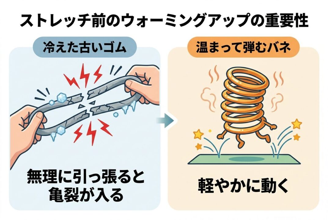 冷えたゴムが切れる様子としなやかなバネの比較図