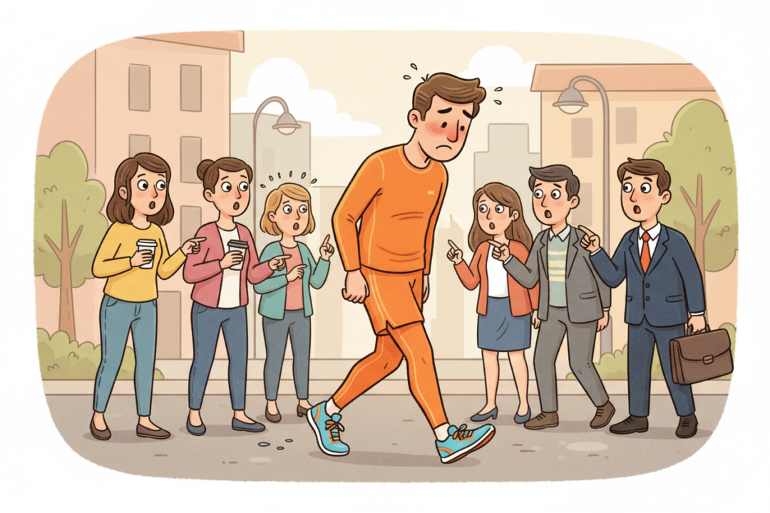 派手すぎるウェアを着てしまい、周囲の目が気になって気まずそうに歩くランナーのイラスト