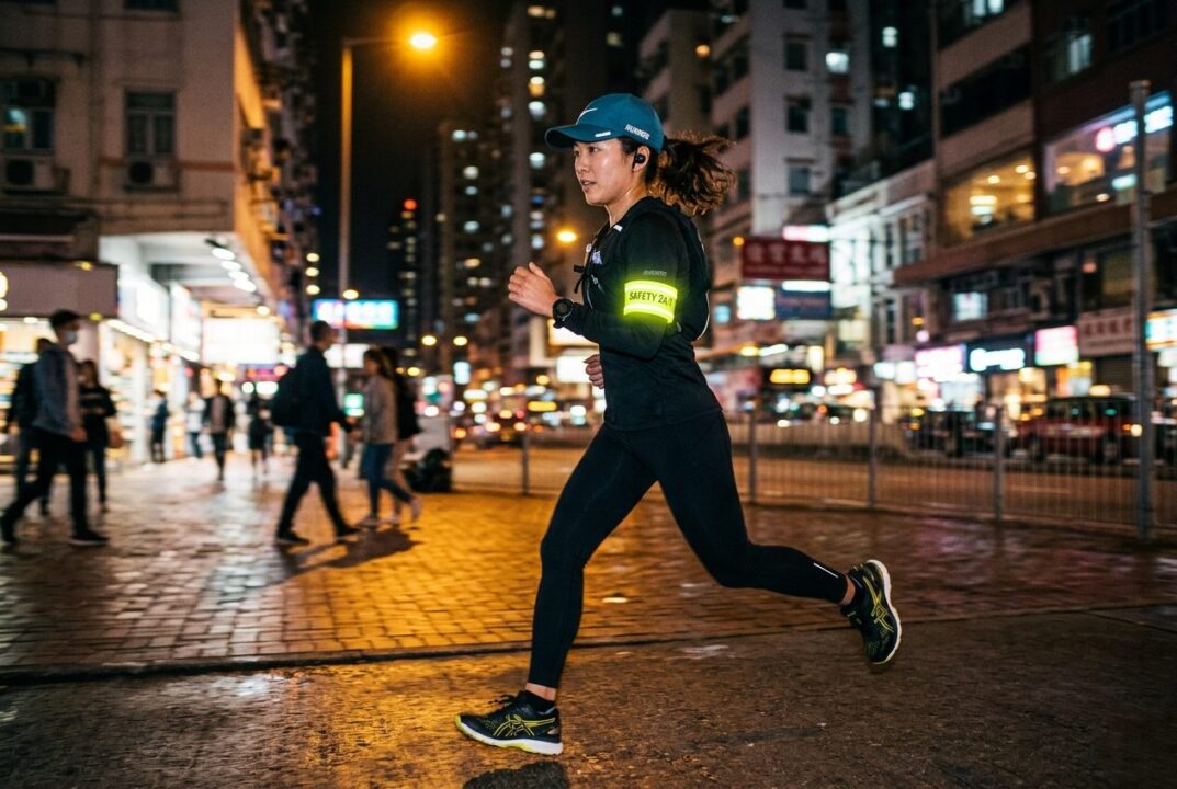 夜間のランニングで、パーソナルカラーを取り入れつつ反射材を身につけて安全に走る様子