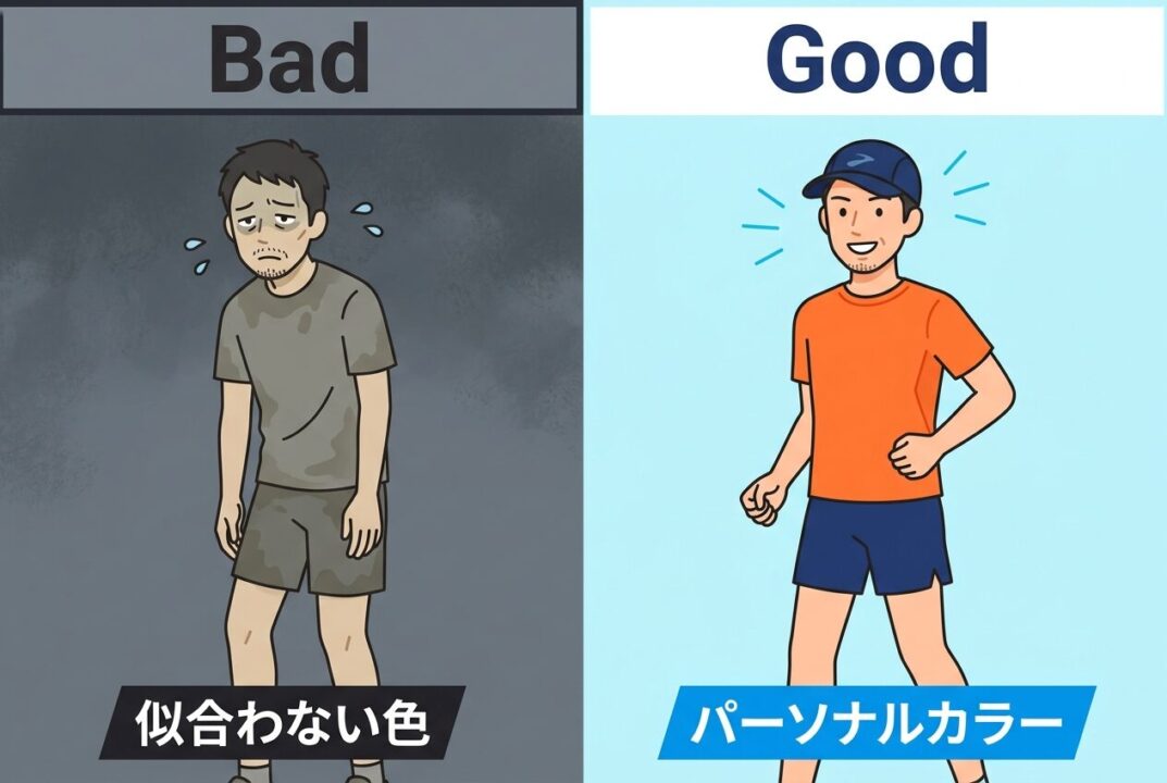 似合う色の服を着た時と、似合わない色の服を着た時の顔色の変化を比較する図解