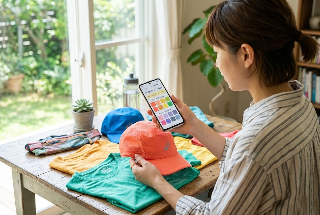 スマホのパーソナルカラー診断画面と、実際のランニングウェアの色を並べて比較している様子