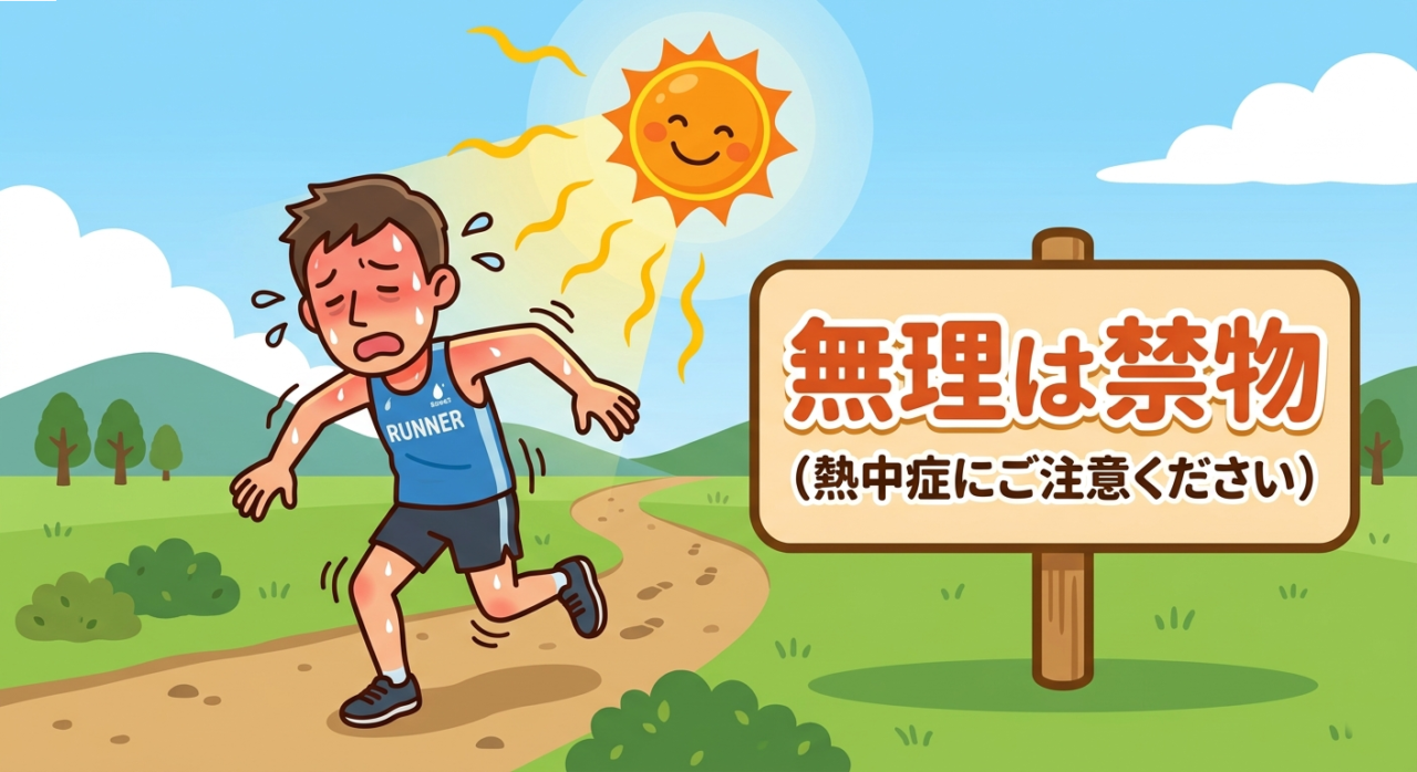 照りつける太陽の下でフラフラになりながら走るランナーと、その横に「無理は禁物」という注意書きが描かれたイメージ