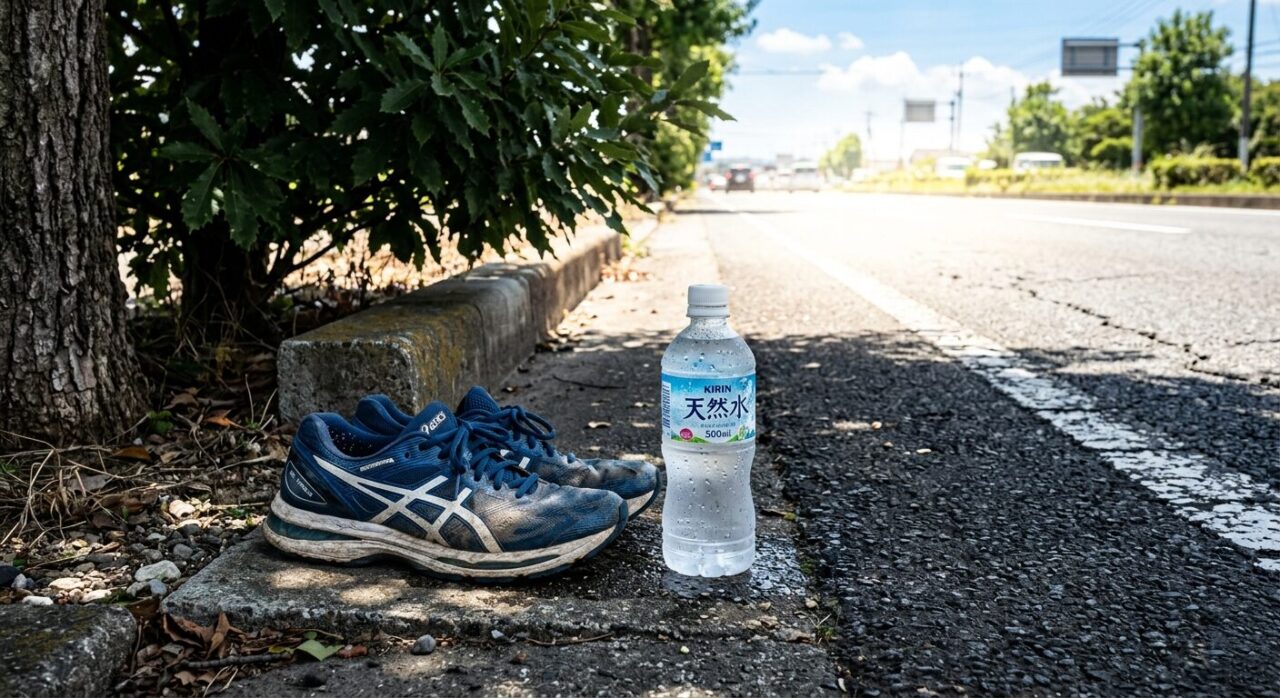 真夏の強い日差しが照りつけるアスファルトの道路と、木陰に置かれたランニングシューズ、そして水滴のついた冷たいペットボトルの水。
